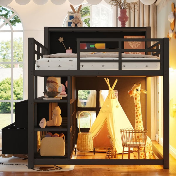 English Elm Twin Low Loft Bed with LED Lighting USB Port Storage Drawers and Clothing Rod Black W5305S00306
