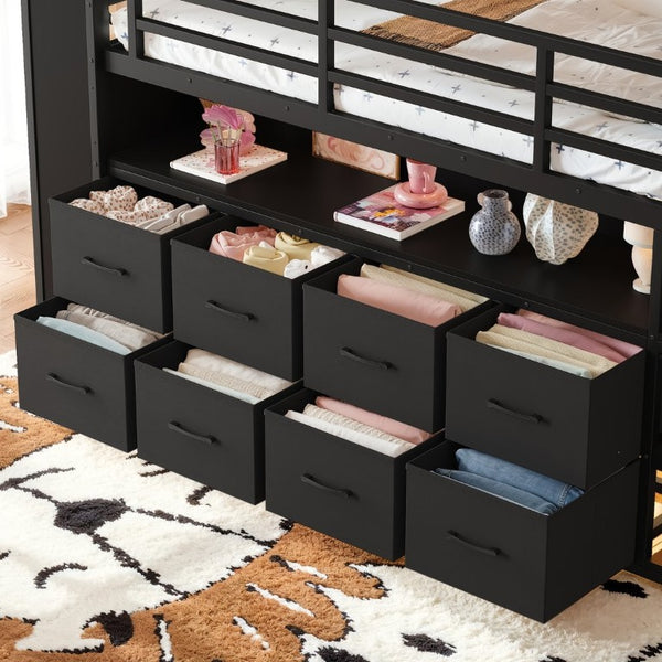 English Elm Twin Low Loft Bed with LED Lighting USB Port Storage Drawers and Clothing Rod Black W5305S00306