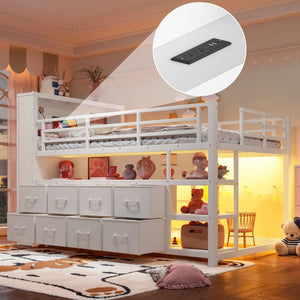 English Elm Twin Low Loft Bed with LED Lighting USB Port Storage Drawers and Clothing Rod White W5305S00307