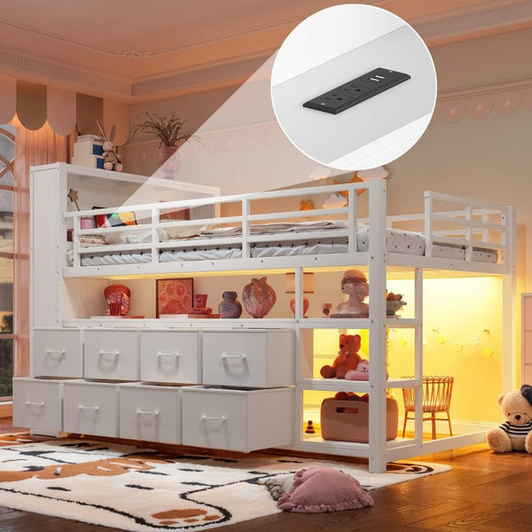 English Elm Twin Low Loft Bed with LED Lighting USB Port Storage Drawers and Clothing Rod White W5305S00307