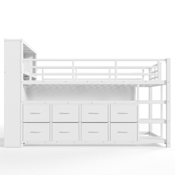 English Elm Twin Low Loft Bed with LED Lighting USB Port Storage Drawers and Clothing Rod White W5305S00307