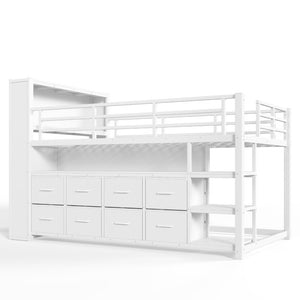 English Elm Twin Low Loft Bed with LED Lighting USB Port Storage Drawers and Clothing Rod White W5305S00307