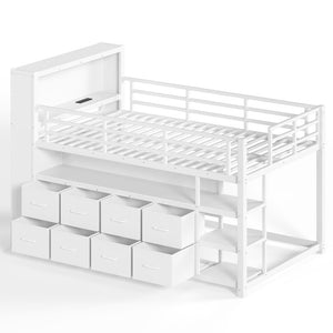 English Elm Twin Low Loft Bed with LED Lighting USB Port Storage Drawers and Clothing Rod White W5305S00307