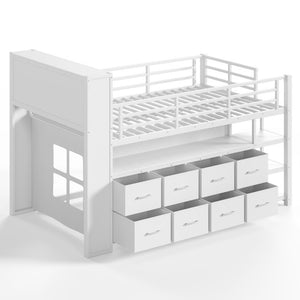 English Elm Twin Low Loft Bed with LED Lighting USB Port Storage Drawers and Clothing Rod White W5305S00307