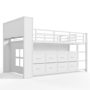 English Elm Twin Low Loft Bed with LED Lighting USB Port Storage Drawers and Clothing Rod White W5305S00307