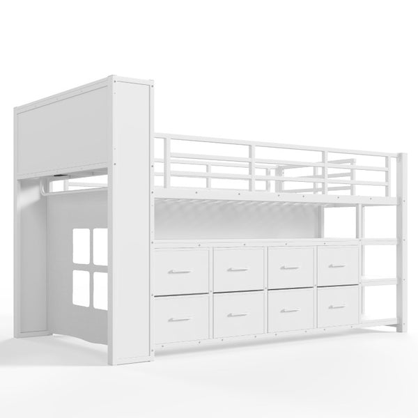 English Elm Twin Low Loft Bed with LED Lighting USB Port Storage Drawers and Clothing Rod White W5305S00307