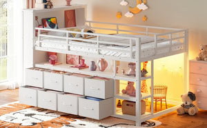 English Elm Twin Low Loft Bed with LED Lighting USB Port Storage Drawers and Clothing Rod White W5305S00307