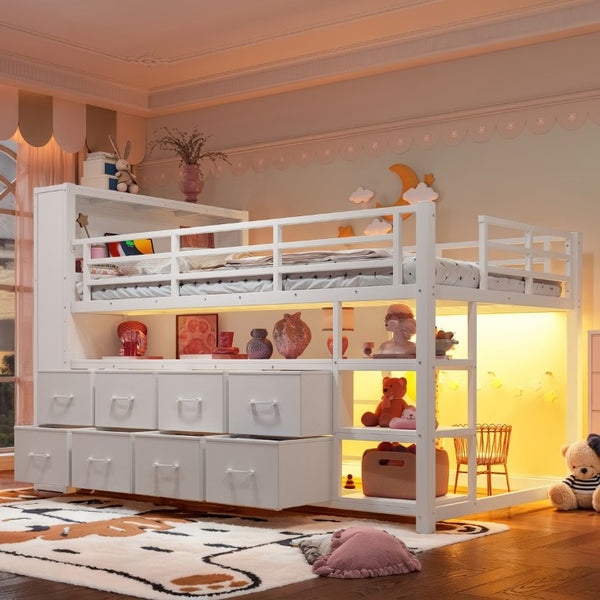 English Elm Twin Low Loft Bed with LED Lighting USB Port Storage Drawers and Clothing Rod White W5305S00307