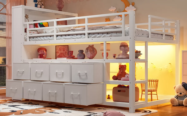 English Elm Twin Low Loft Bed with LED Lighting USB Port Storage Drawers and Clothing Rod White W5305S00307
