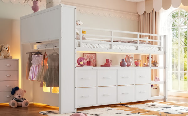 English Elm Twin Low Loft Bed with LED Lighting USB Port Storage Drawers and Clothing Rod White W5305S00307