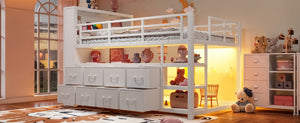 English Elm Twin Low Loft Bed with LED Lighting USB Port Storage Drawers and Clothing Rod White W5305S00307