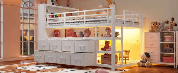 English Elm Twin Low Loft Bed with LED Lighting USB Port Storage Drawers and Clothing Rod White W5305S00307