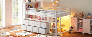 English Elm Twin Low Loft Bed with LED Lighting USB Port Storage Drawers and Clothing Rod White W5305S00307