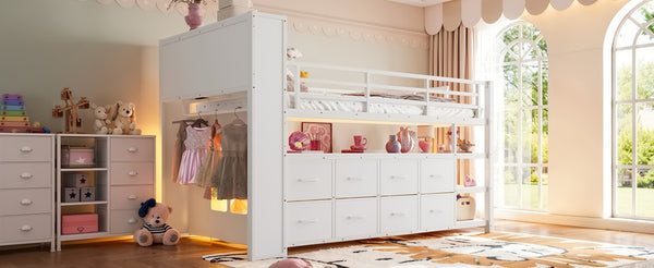 English Elm Twin Low Loft Bed with LED Lighting USB Port Storage Drawers and Clothing Rod White W5305S00307