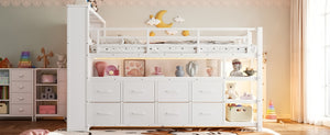 English Elm Twin Low Loft Bed with LED Lighting USB Port Storage Drawers and Clothing Rod White W5305S00307