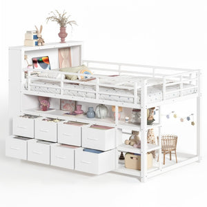 English Elm Twin Low Loft Bed with LED Lighting USB Port Storage Drawers and Clothing Rod White W5305S00307