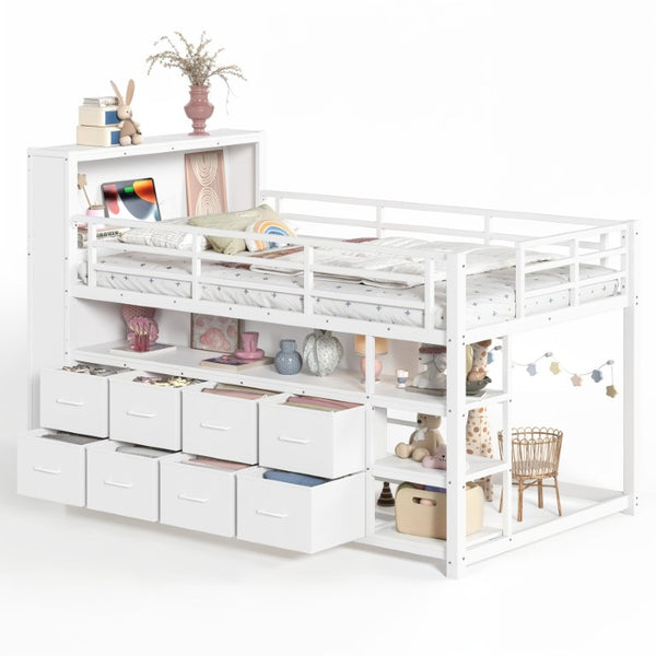 English Elm Twin Low Loft Bed with LED Lighting USB Port Storage Drawers and Clothing Rod White W5305S00307