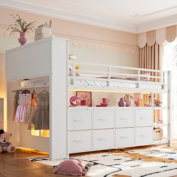 English Elm Twin Low Loft Bed with LED Lighting USB Port Storage Drawers and Clothing Rod White W5305S00307