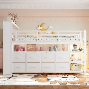 English Elm Twin Low Loft Bed with LED Lighting USB Port Storage Drawers and Clothing Rod White W5305S00307