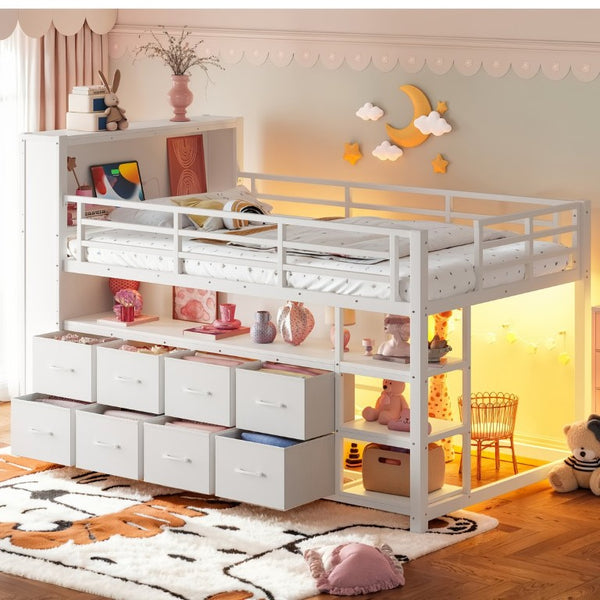 English Elm Twin Low Loft Bed with LED Lighting USB Port Storage Drawers and Clothing Rod White W5305S00307