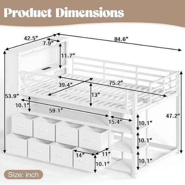 English Elm Twin Low Loft Bed with LED Lighting USB Port Storage Drawers and Clothing Rod White W5305S00307