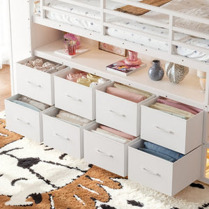 English Elm Twin Low Loft Bed with LED Lighting USB Port Storage Drawers and Clothing Rod White W5305S00307
