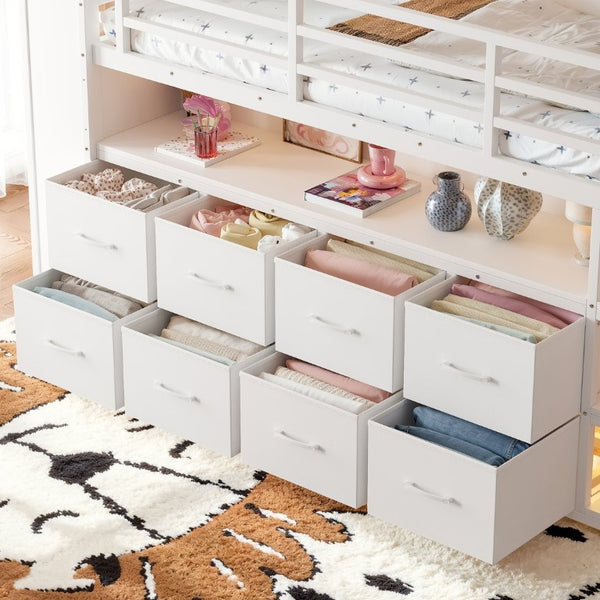 English Elm Twin Low Loft Bed with LED Lighting USB Port Storage Drawers and Clothing Rod White W5305S00307