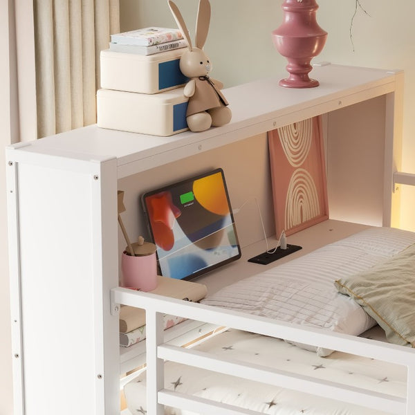 English Elm Twin Low Loft Bed with LED Lighting USB Port Storage Drawers and Clothing Rod White W5305S00307