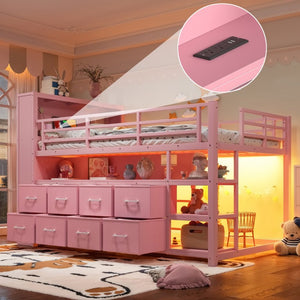 English Elm Twin Low Loft Bed with LED Lighting USB Port Storage Drawers and Clothing Rod Pink W5305S00308