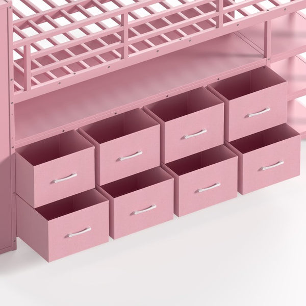 English Elm Twin Low Loft Bed with LED Lighting USB Port Storage Drawers and Clothing Rod Pink W5305S00308