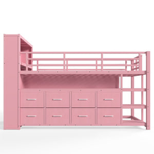 English Elm Twin Low Loft Bed with LED Lighting USB Port Storage Drawers and Clothing Rod Pink W5305S00308