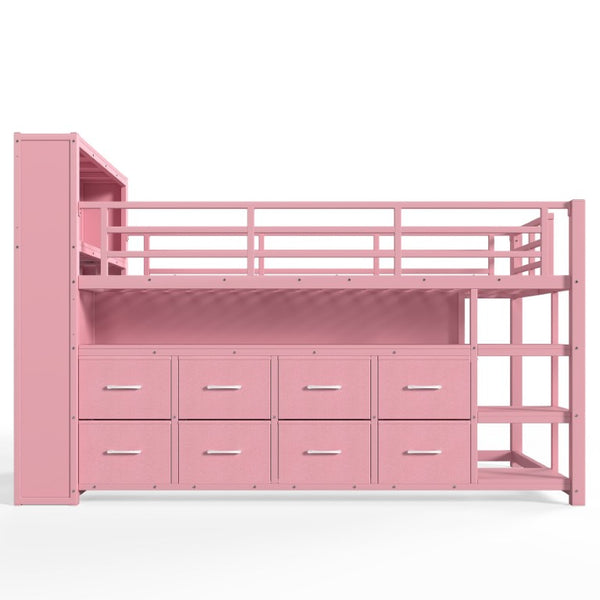 English Elm Twin Low Loft Bed with LED Lighting USB Port Storage Drawers and Clothing Rod Pink W5305S00308