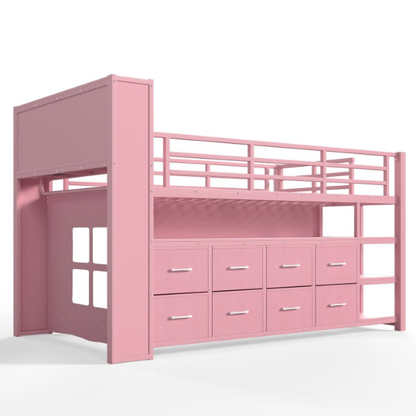 English Elm Twin Low Loft Bed with LED Lighting USB Port Storage Drawers and Clothing Rod Pink W5305S00308