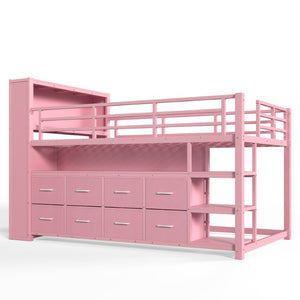 English Elm Twin Low Loft Bed with LED Lighting USB Port Storage Drawers and Clothing Rod Pink W5305S00308