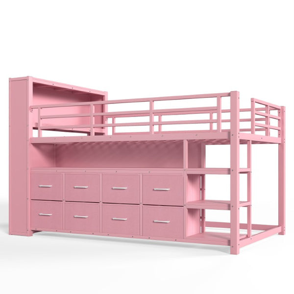 English Elm Twin Low Loft Bed with LED Lighting USB Port Storage Drawers and Clothing Rod Pink W5305S00308