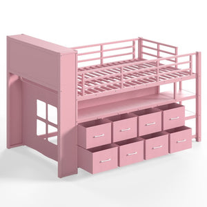 English Elm Twin Low Loft Bed with LED Lighting USB Port Storage Drawers and Clothing Rod Pink W5305S00308