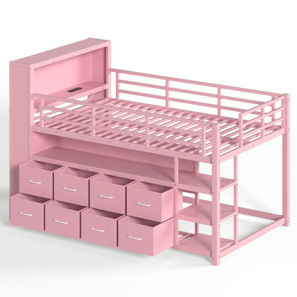 English Elm Twin Low Loft Bed with LED Lighting USB Port Storage Drawers and Clothing Rod Pink W5305S00308