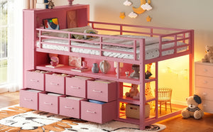 English Elm Twin Low Loft Bed with LED Lighting USB Port Storage Drawers and Clothing Rod Pink W5305S00308