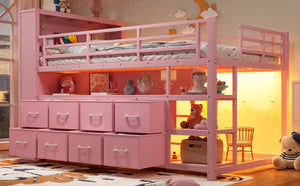 English Elm Twin Low Loft Bed with LED Lighting USB Port Storage Drawers and Clothing Rod Pink W5305S00308