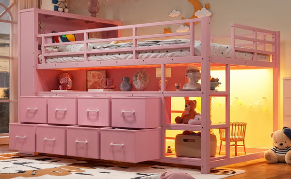English Elm Twin Low Loft Bed with LED Lighting USB Port Storage Drawers and Clothing Rod Pink W5305S00308