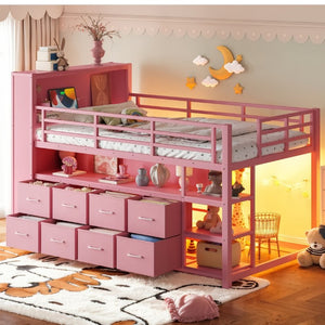 English Elm Twin Low Loft Bed with LED Lighting USB Port Storage Drawers and Clothing Rod Pink W5305S00308