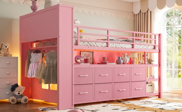 English Elm Twin Low Loft Bed with LED Lighting USB Port Storage Drawers and Clothing Rod Pink W5305S00308