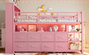 English Elm Twin Low Loft Bed with LED Lighting USB Port Storage Drawers and Clothing Rod Pink W5305S00308
