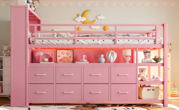 English Elm Twin Low Loft Bed with LED Lighting USB Port Storage Drawers and Clothing Rod Pink W5305S00308