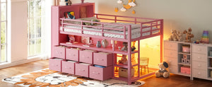 English Elm Twin Low Loft Bed with LED Lighting USB Port Storage Drawers and Clothing Rod Pink W5305S00308
