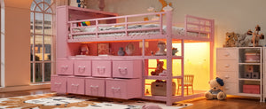 English Elm Twin Low Loft Bed with LED Lighting USB Port Storage Drawers and Clothing Rod Pink W5305S00308