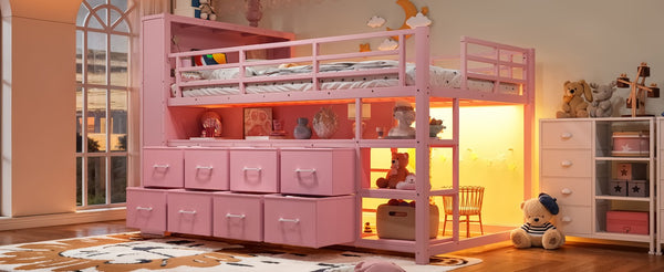 English Elm Twin Low Loft Bed with LED Lighting USB Port Storage Drawers and Clothing Rod Pink W5305S00308