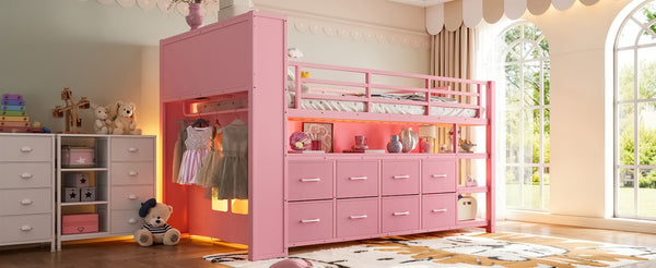 English Elm Twin Low Loft Bed with LED Lighting USB Port Storage Drawers and Clothing Rod Pink W5305S00308