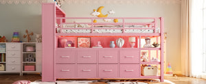 English Elm Twin Low Loft Bed with LED Lighting USB Port Storage Drawers and Clothing Rod Pink W5305S00308