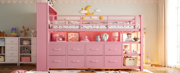English Elm Twin Low Loft Bed with LED Lighting USB Port Storage Drawers and Clothing Rod Pink W5305S00308